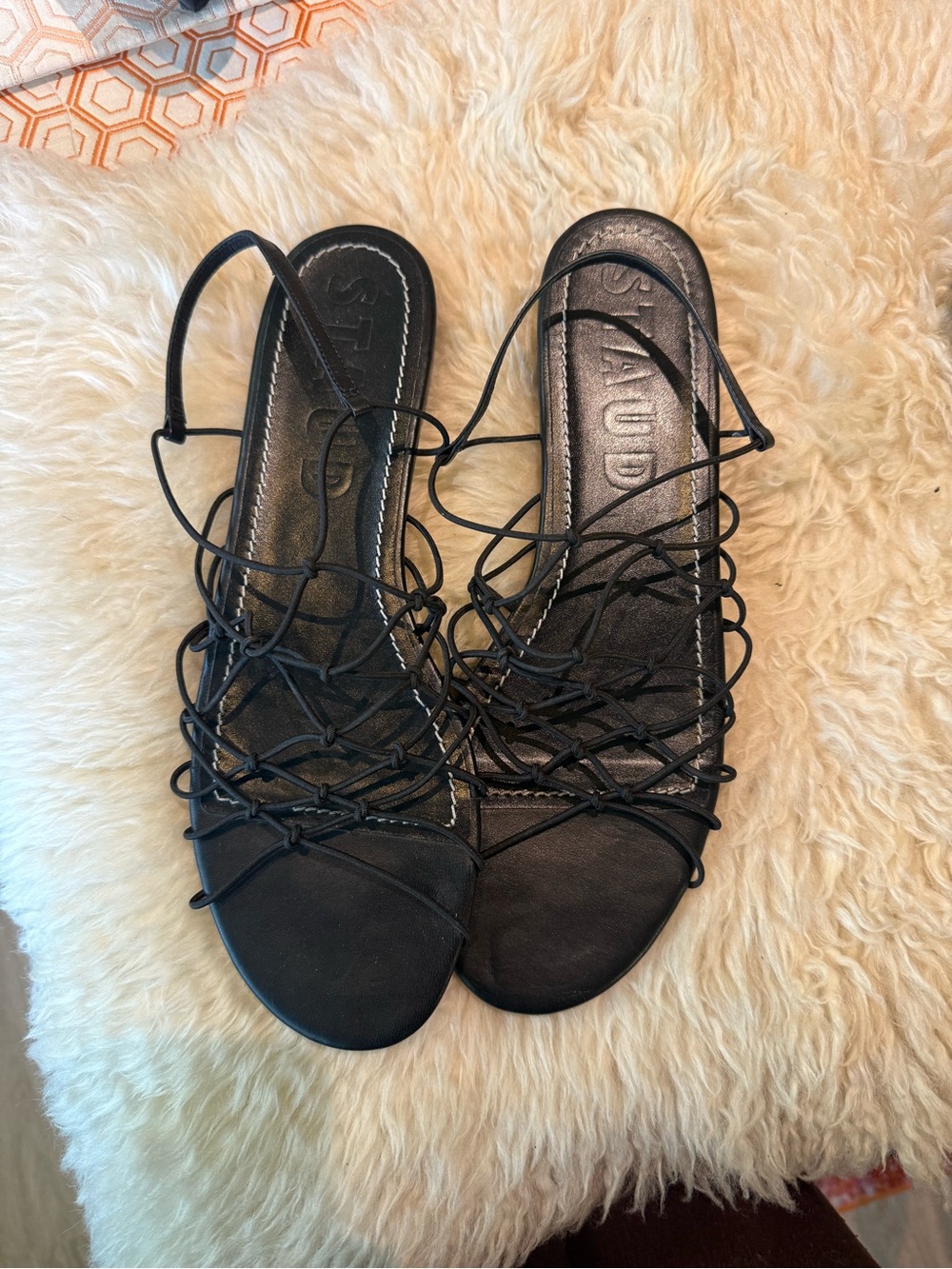 Staud Black Lace-Up Strappy Flat Sandals